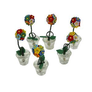 Vintage Set of 6 Czech Glass Potted Flower Multicolor Floral Place Card Holders